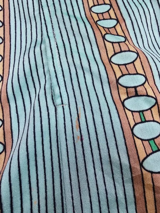 Vintage Green & Gold Striped Medium Collared Short Sleeve Dress Abstract Flawed - Picture 4 of 5